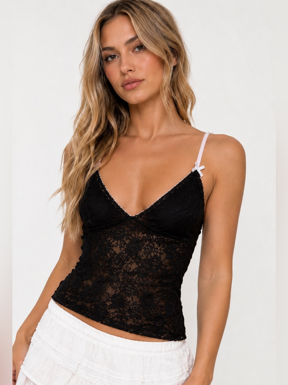 White Fox Black and Pink Lace Tank